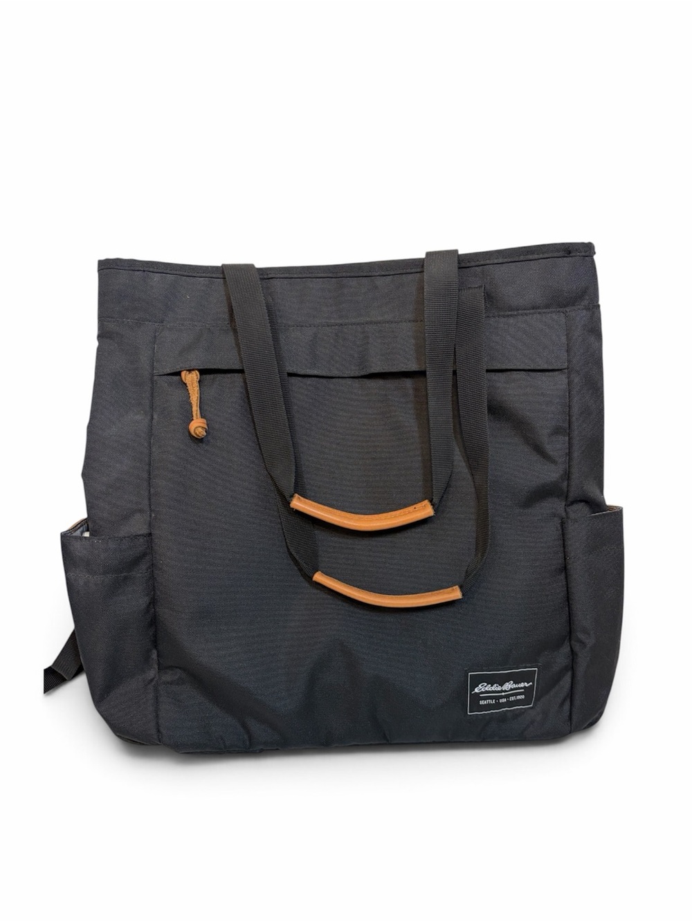 Eddie Bauer Black Canvas Tote Bag Brown Accent Handles - converts to a back pack
